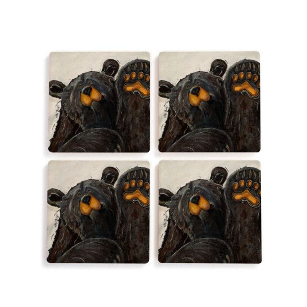 Black Bear Coaster "Howdy" by Jeff Fleming Bearfoots Barware Set of 4 Kitchen
